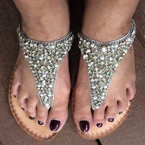 Naughty Monkey Silver Leather Jeweled Flip Flop